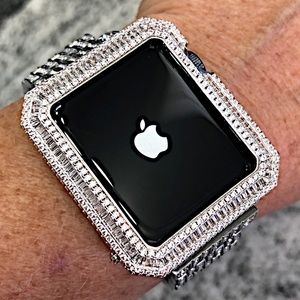 New Apple Watch Case white gold with lab diamond baguette + rounds Various sizes